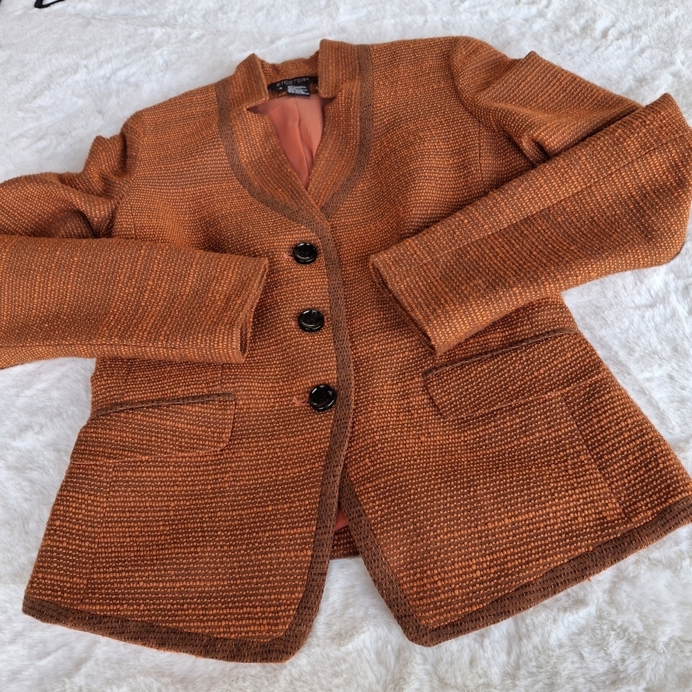 Etcetera Textured Tweed Orange Button-Up Long Sleeve Blazer Women Size 2 - Picture 11 of 16